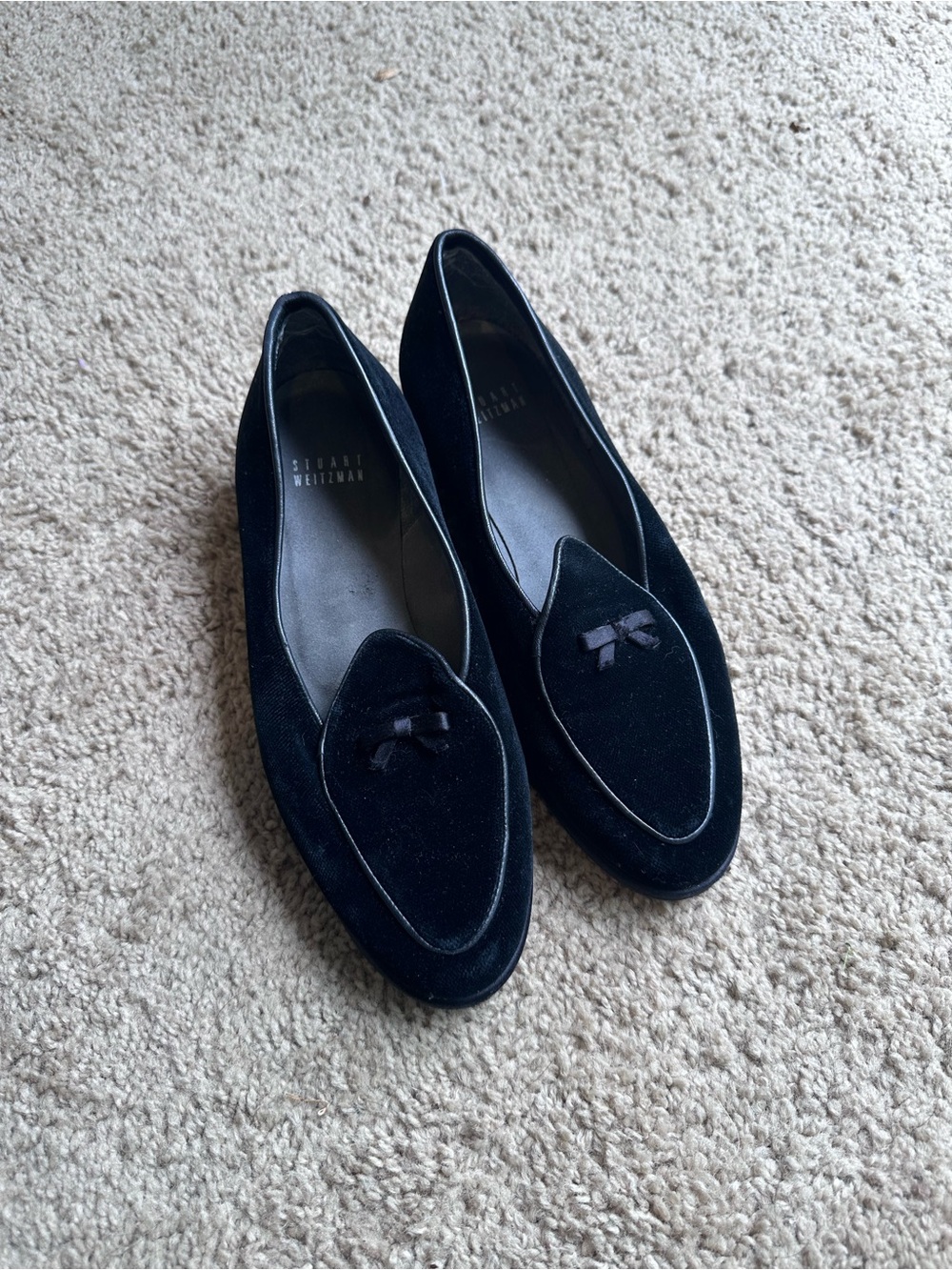 Stuart Weitzman Black Velvet Pointed Loafers with Bow